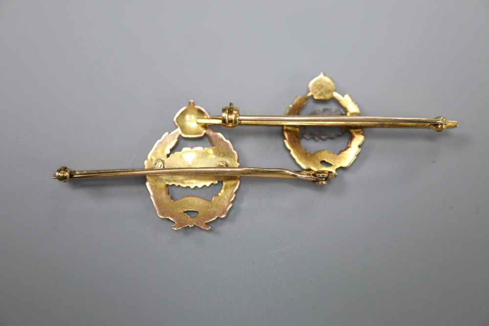 A 9ct gold, white metal and two colour enamel Royal Tank Regiment bar brooch, 47mm, gross 4.3 grams & 1 other.